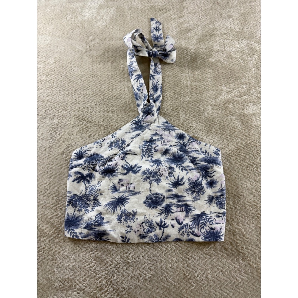 Abercrombie & Fitch Linen Blend Halter Crop Top Blue White Toile Tropical S‎ - Picture 2 of 11